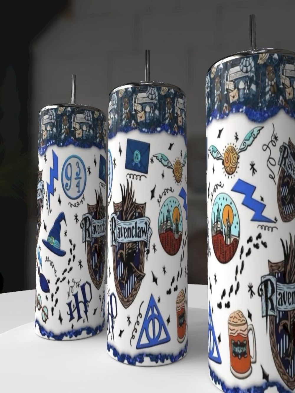 Ravenclaw Inspired Blue & White Travel Tumbler
